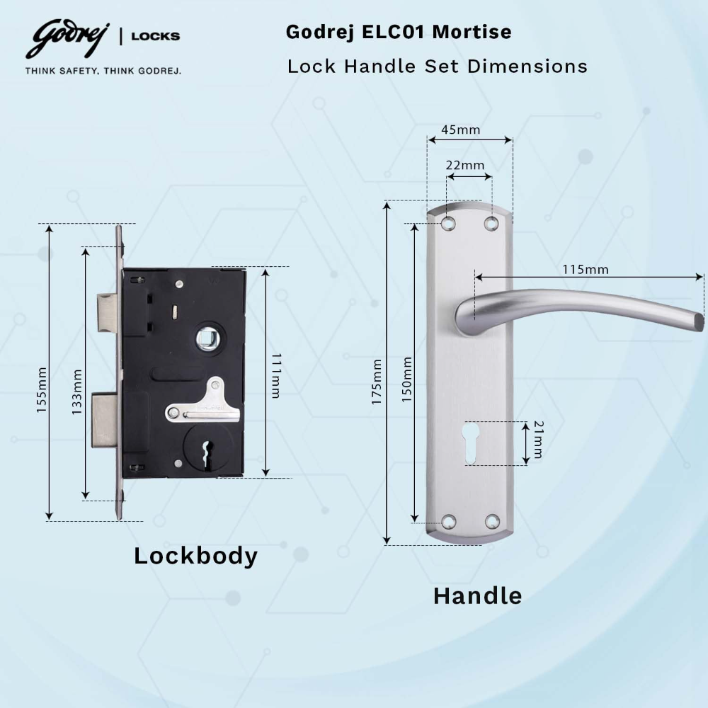 Godrej Mortise Door Lock | ELC 01-6 Levers | Handle Set with 2 Keys | Suitable for Left & Right Handed, Inside & Outside Opening Door Handle Set | Satin Steel Finish | Silver | 5 Years Warranty